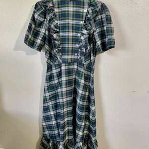 Vintage Union Made Girls Plaid Dress Sz 5 Lace Prairie Cotton Green Navy Preppy